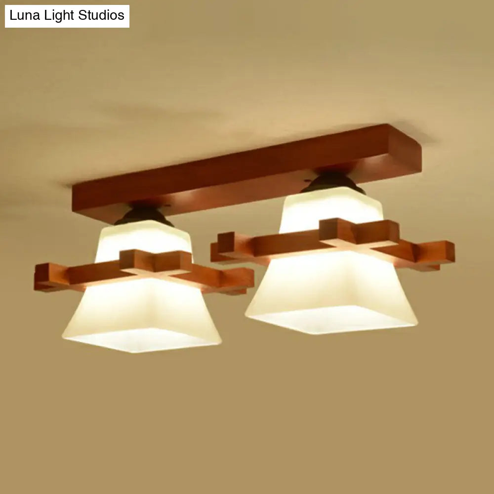 Frosted Glass Semi-Mounted Flush Ceiling Light With Nordic Coffee Finish And Wooden Frame - Pagoda