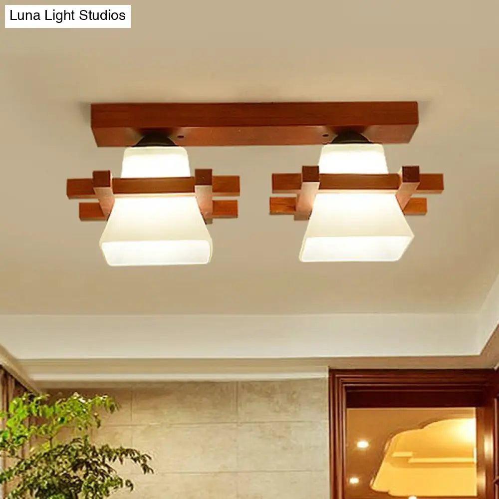 Frosted Glass Semi-Mounted Flush Ceiling Light With Nordic Coffee Finish And Wooden Frame - Pagoda