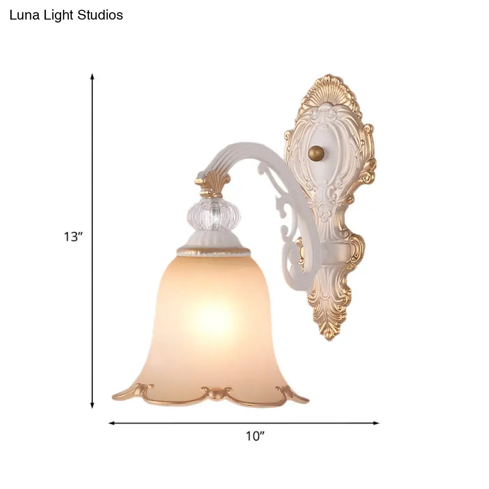 Frosted Glass Wall Light With Beige Swooping Arm For Bedroom - 1 Bulb Sconce