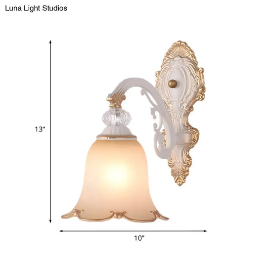 Frosted Glass Wall Light With Beige Swooping Arm For Bedroom - 1 Bulb Sconce