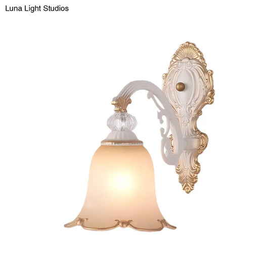 Frosted Glass Wall Light With Beige Swooping Arm For Bedroom - 1 Bulb Sconce