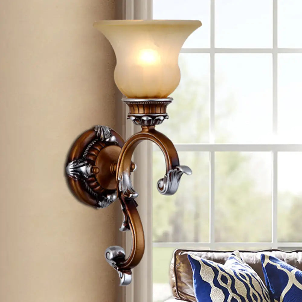 Frosted Glass Wall Sconce With Arched Arm In Brass For Living Room