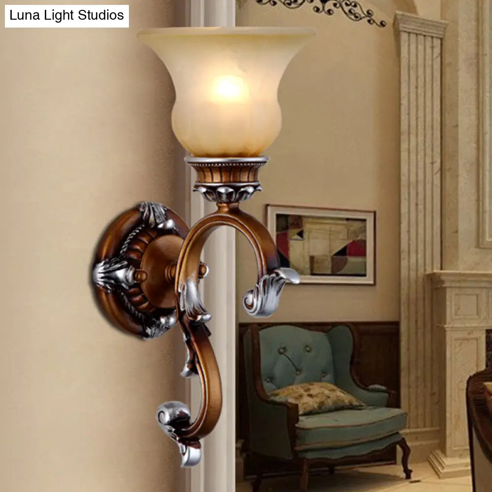 Frosted Glass Wall Sconce With Arched Arm In Brass For Living Room