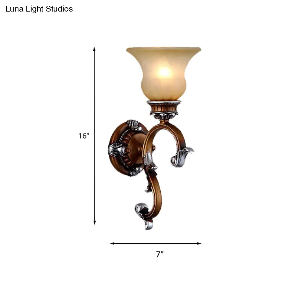 Frosted Glass Wall Sconce With Arched Arm In Brass For Living Room