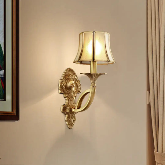 Frosted Glass Wall Sconce With Brass Paneled Bell And Scrolled Arm For Traditional Living Room Décor