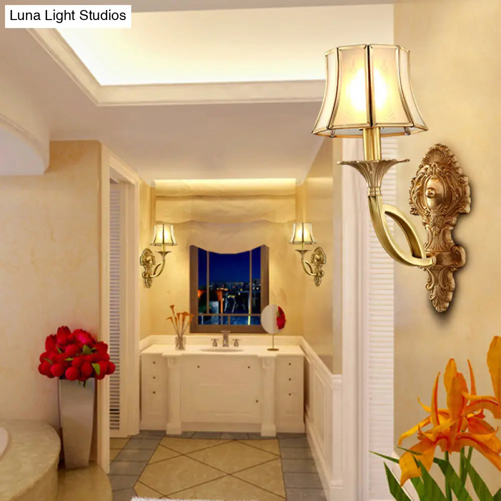 Frosted Glass Wall Sconce With Brass Paneled Bell And Scrolled Arm For Traditional Living Room Décor