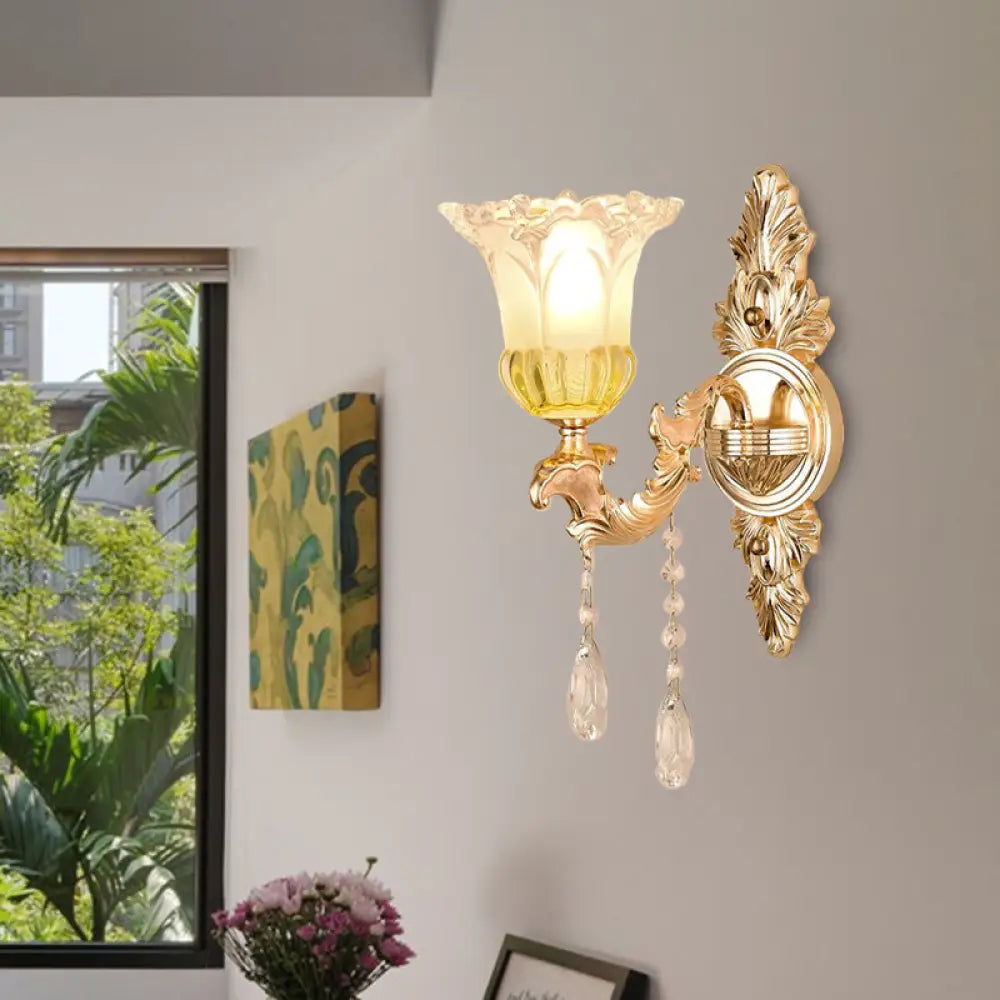 Frosted Glass Wall Sconce With Crystal Draping - Traditionalist Gold Flower Design For Living Room 1