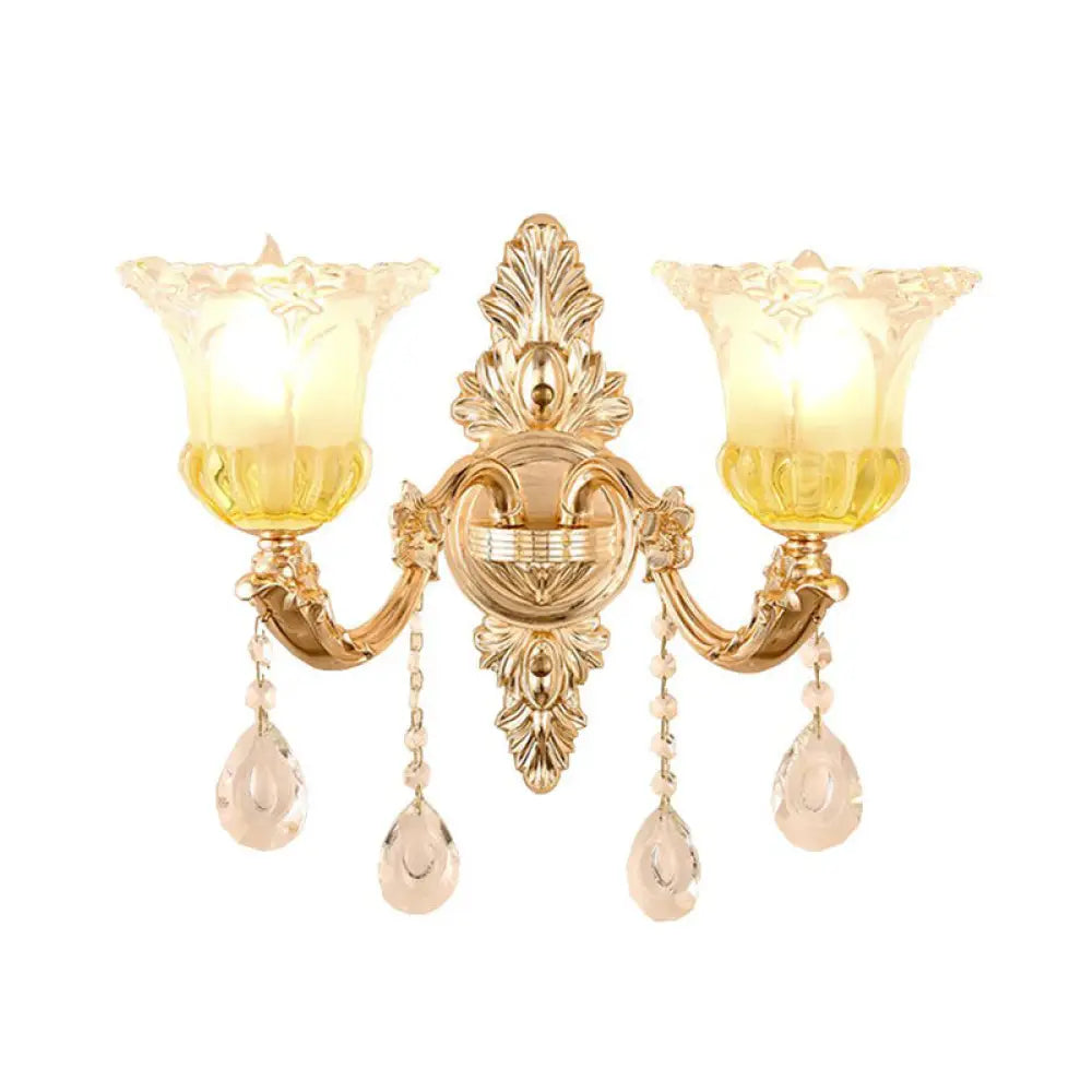 Frosted Glass Wall Sconce With Crystal Draping - Traditionalist Gold Flower Design For Living Room 2