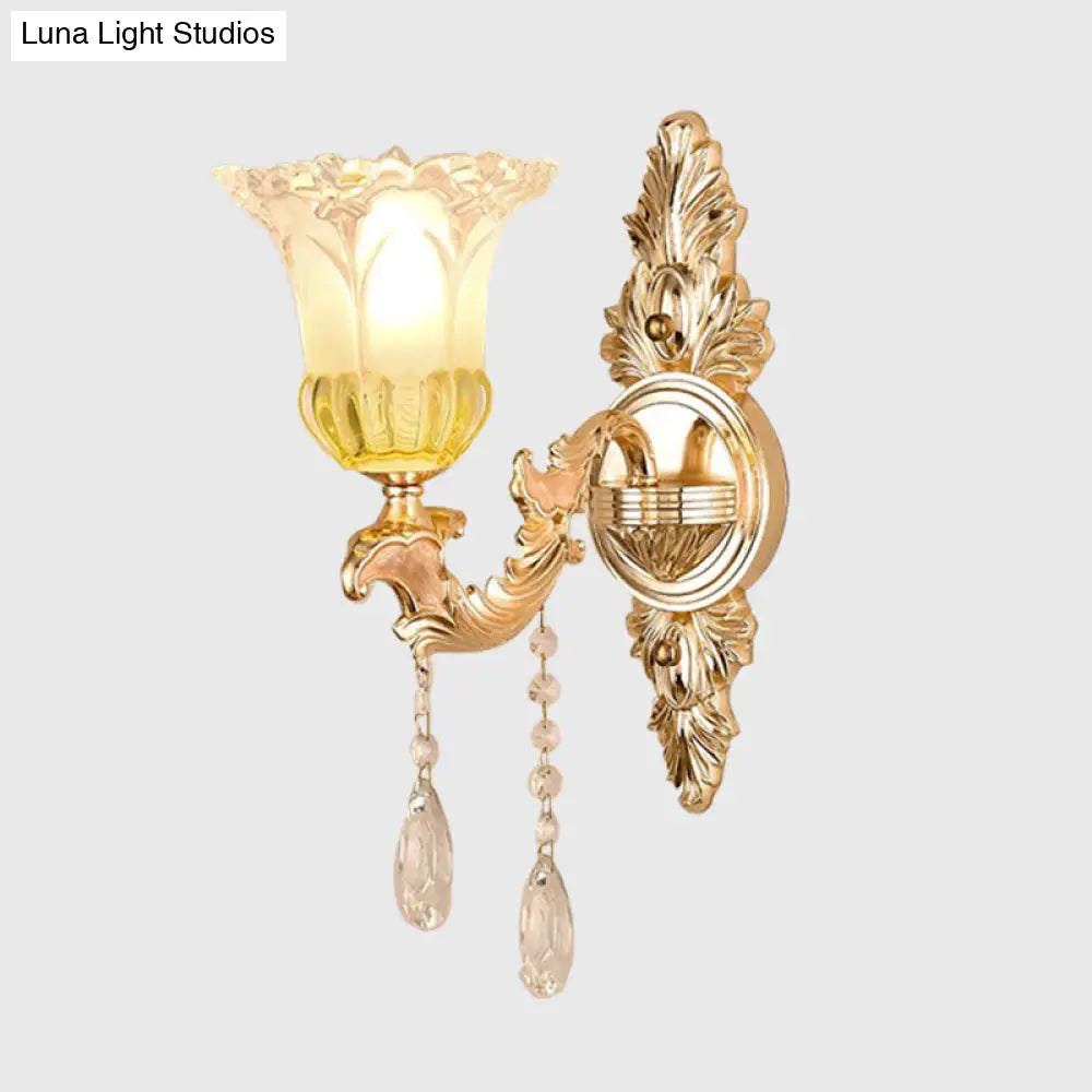 Frosted Glass Wall Sconce With Crystal Draping - Traditionalist Gold Flower Design For Living Room