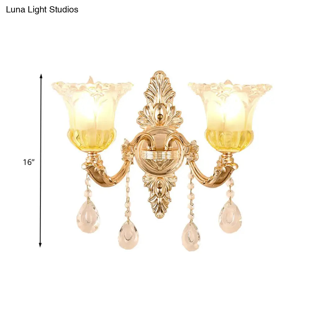 Frosted Glass Wall Sconce With Crystal Draping - Traditionalist Gold Flower Design For Living Room