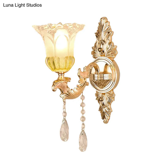 Frosted Glass Wall Sconce With Crystal Draping - Traditionalist Gold Flower Design For Living Room