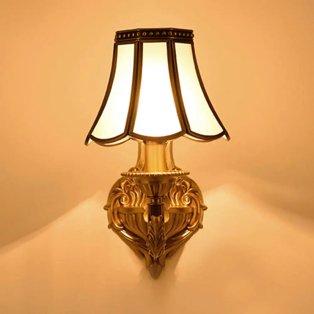 Frosted Glass Wall Sconce With Flared Design - Traditional 1/2 Lights White Mounted Lamp 1 / Gold