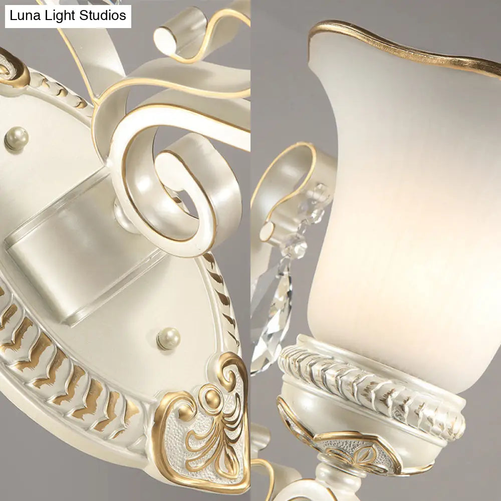 Frosted Glass Wall Sconce With Floral Shade And Crystal Accent For Living Room