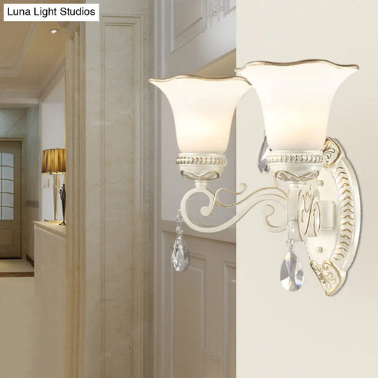 Frosted Glass Wall Sconce With Floral Shade And Crystal Accent For Living Room