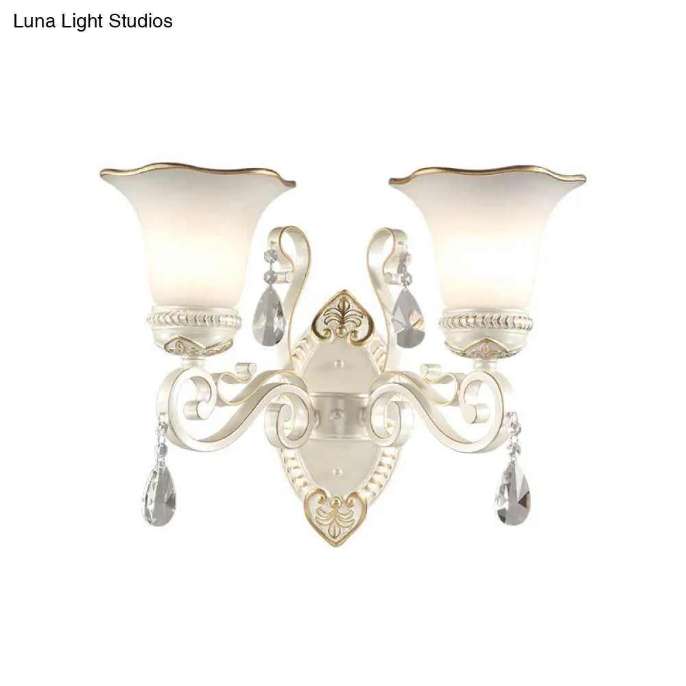 Frosted Glass Wall Sconce With Floral Shade And Crystal Accent For Living Room