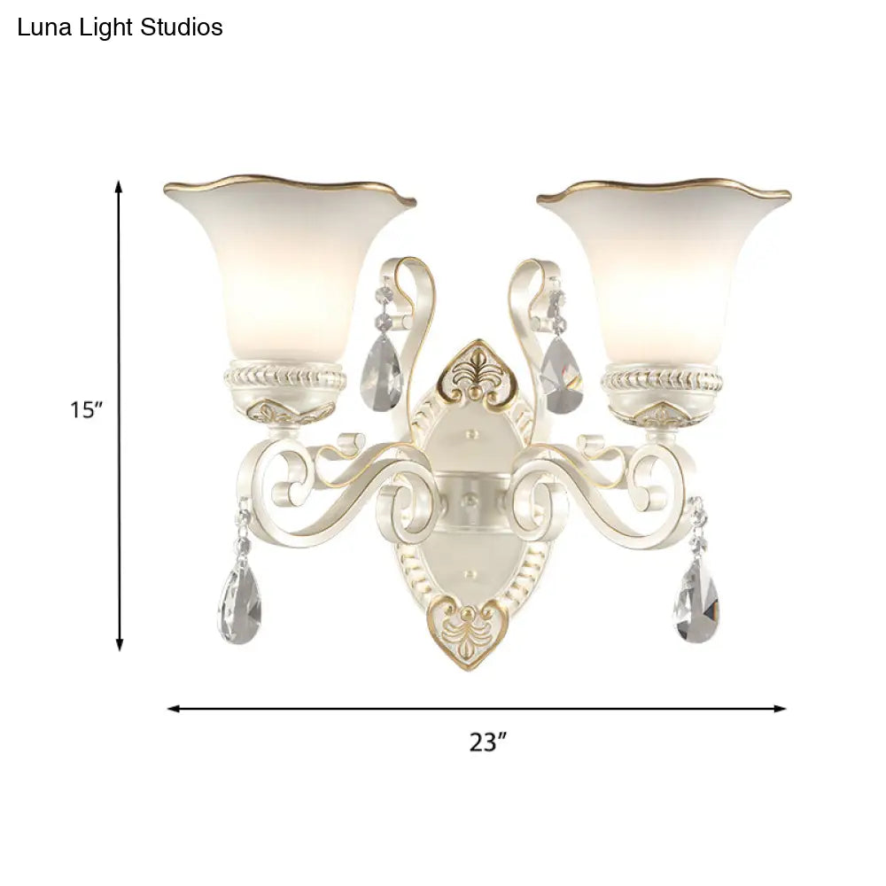 Frosted Glass Wall Sconce With Floral Shade And Crystal Accent For Living Room