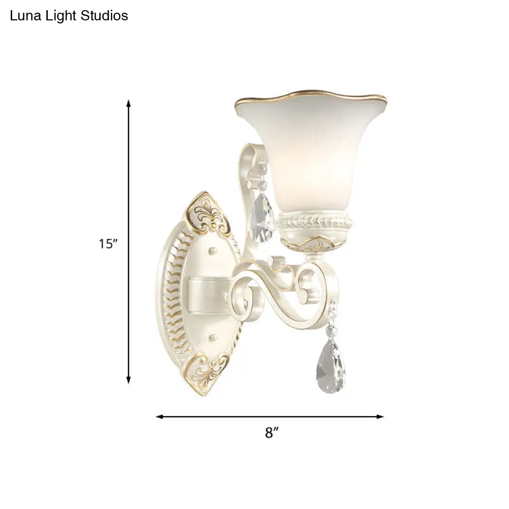 Frosted Glass Wall Sconce With Floral Shade And Crystal Accent For Living Room