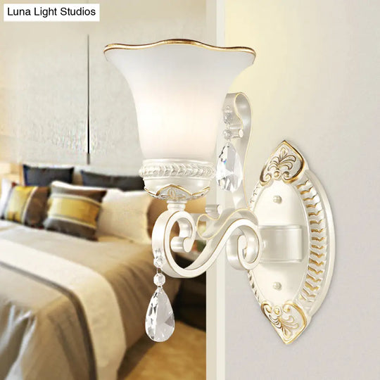 Frosted Glass Wall Sconce With Floral Shade And Crystal Accent For Living Room