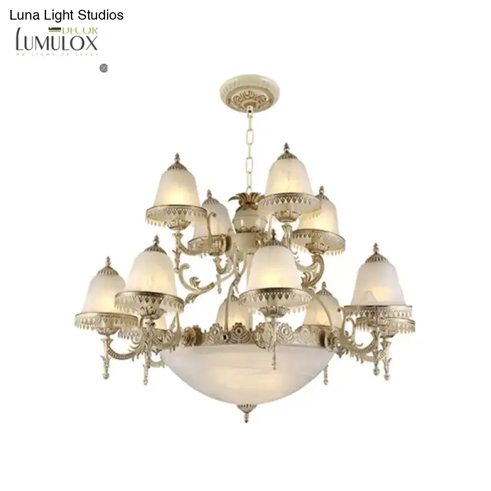 Frosted Glass White Chandelier Tiered Bell Shaped 15-Light Country Style Hanging Light