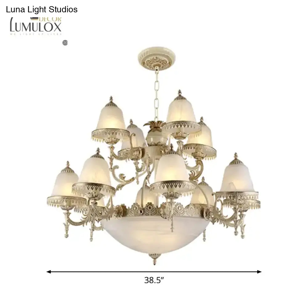 Frosted Glass White Chandelier Tiered Bell Shaped 15-Light Country Style Hanging Light