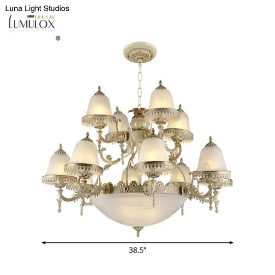 Frosted Glass White Chandelier Tiered Bell Shaped 15-Light Country Style Hanging Light