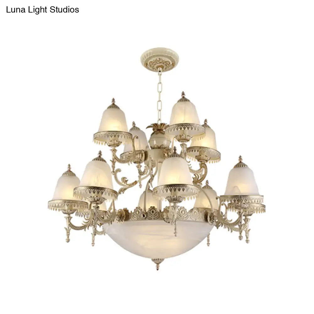 Frosted Glass White Chandelier - Tiered Bell Shaped 15-Light Country Style Hanging Light