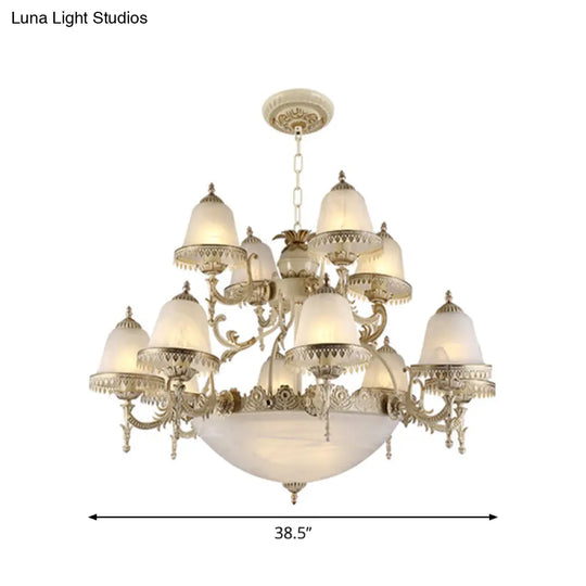 Frosted Glass White Chandelier - Tiered Bell Shaped 15-Light Country Style Hanging Light