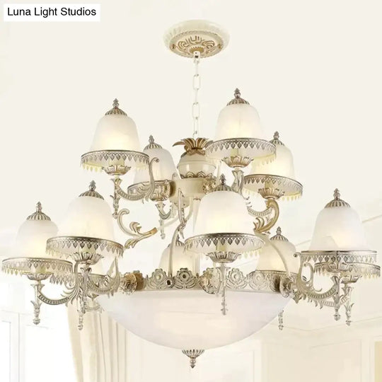 Frosted Glass White Chandelier - Tiered Bell Shaped 15-Light Country Style Hanging Light