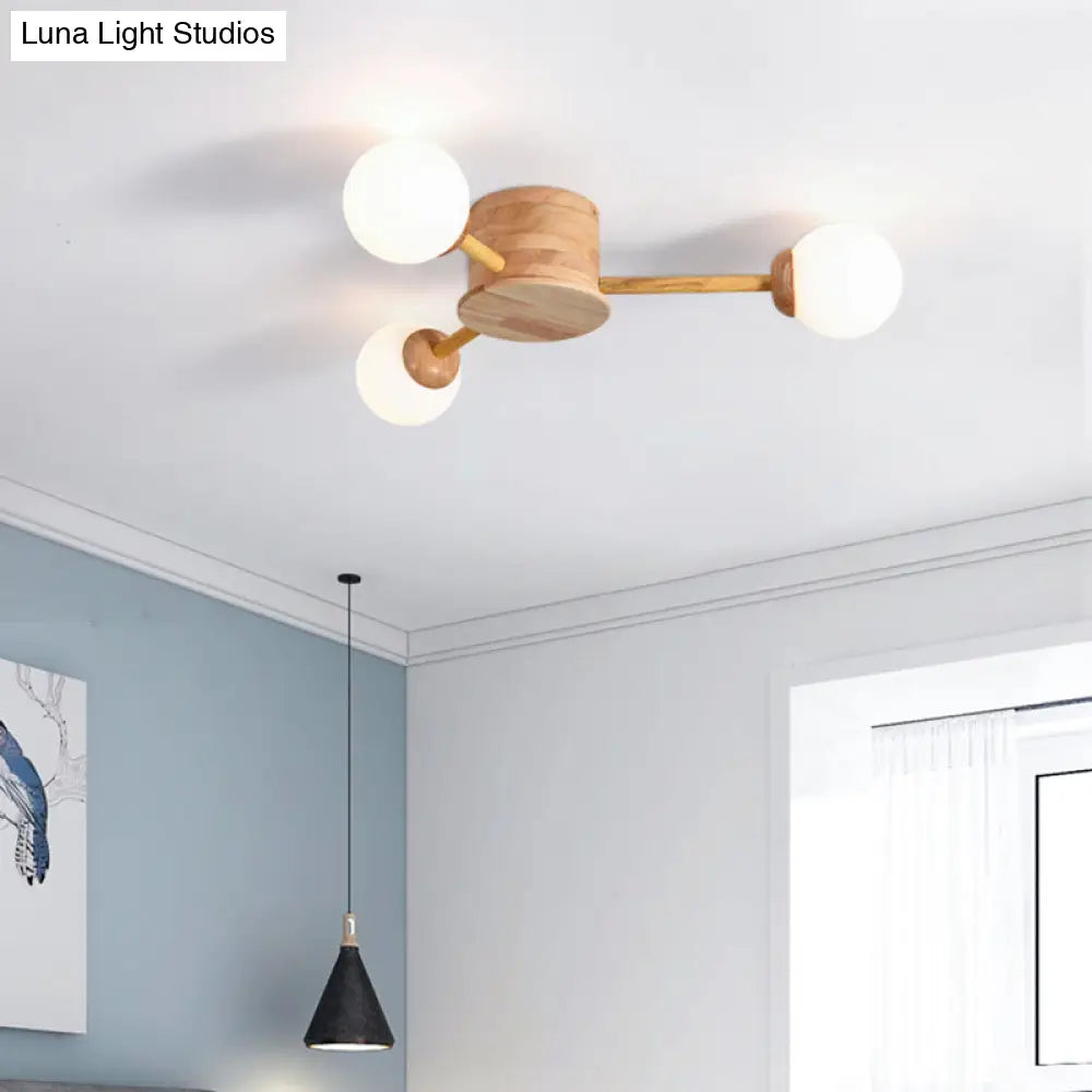 Frosted Glass Wood Chandelier: Semi-Flush Minimalist Ceiling Mount For Bedroom