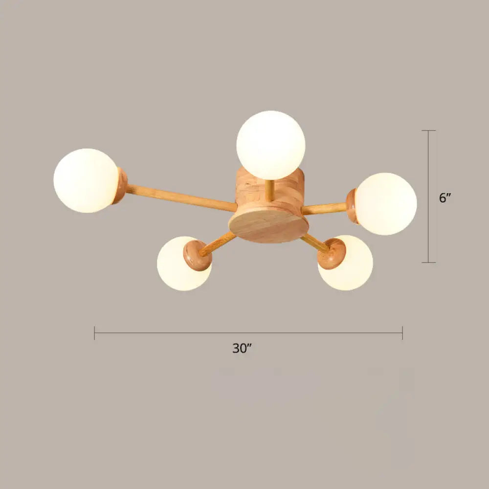 Frosted Glass Wood Chandelier: Semi-Flush Minimalist Ceiling Mount For Bedroom 5 /