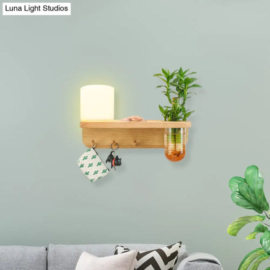 Frosted Glass Wood Wall Light With Plant Container: Industrial Sconce Lamp