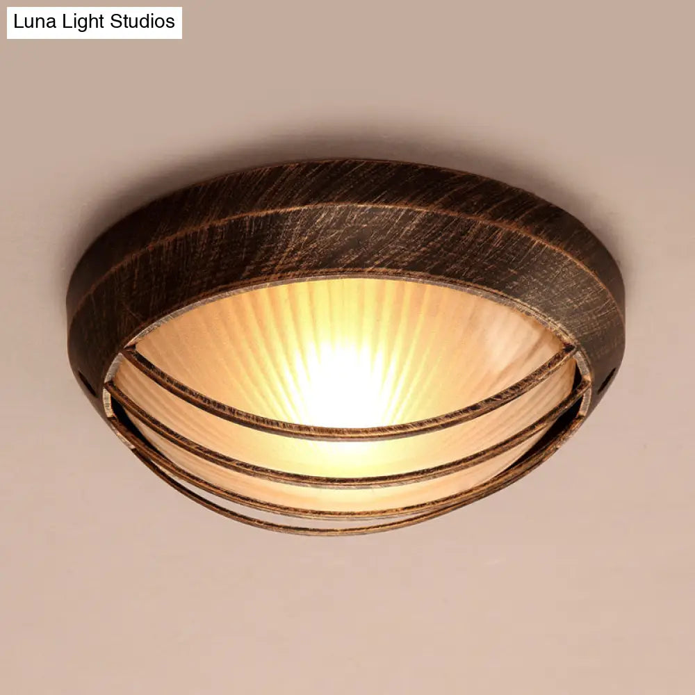 Frosted Ribbed Glass Flush Mount Ceiling Light In Rustic Bronze With Metal Cage - 1 - Light Porch