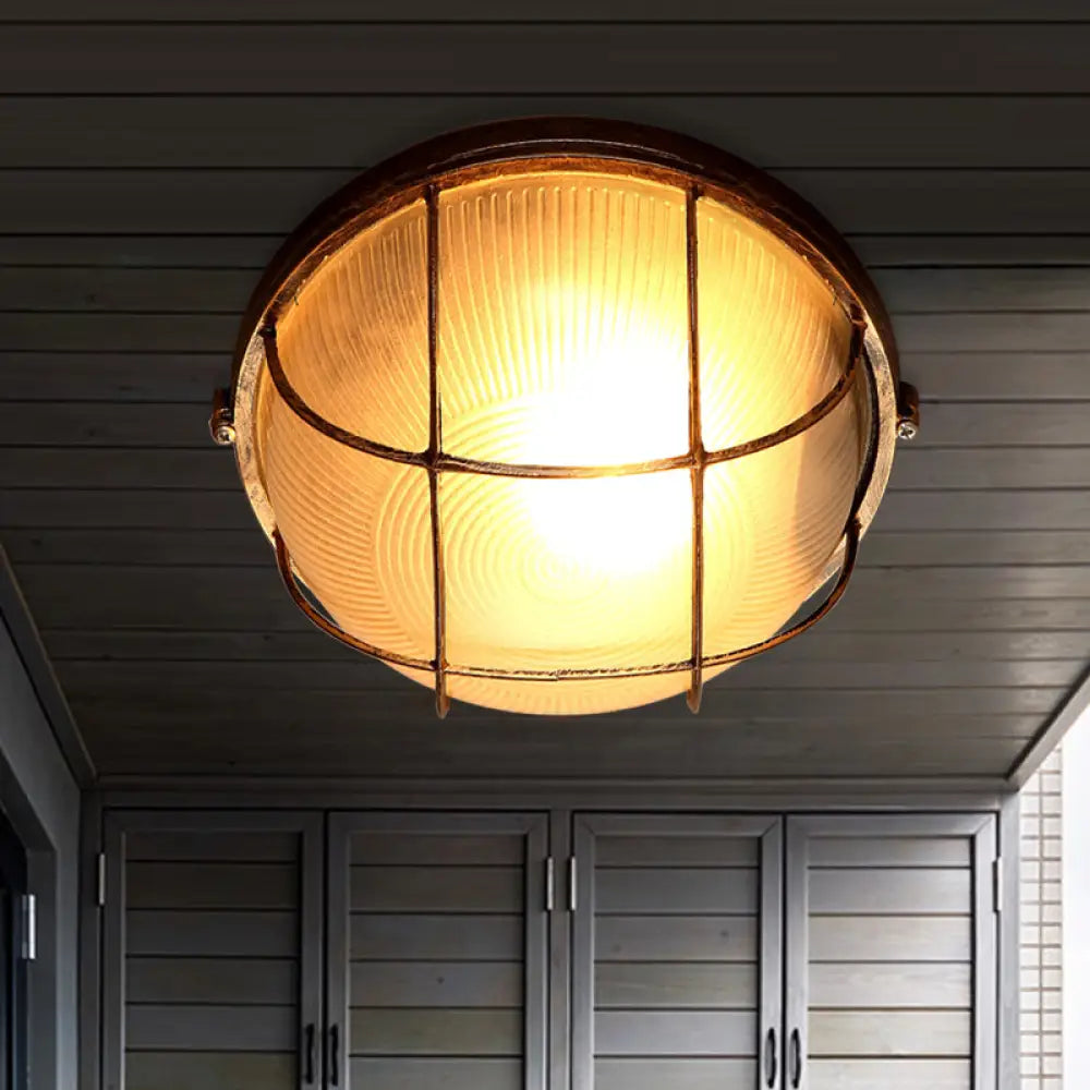 Frosted Ribbed Glass Flush Mount Ceiling Light In Rustic Bronze With Metal Cage - 1 - Light Porch