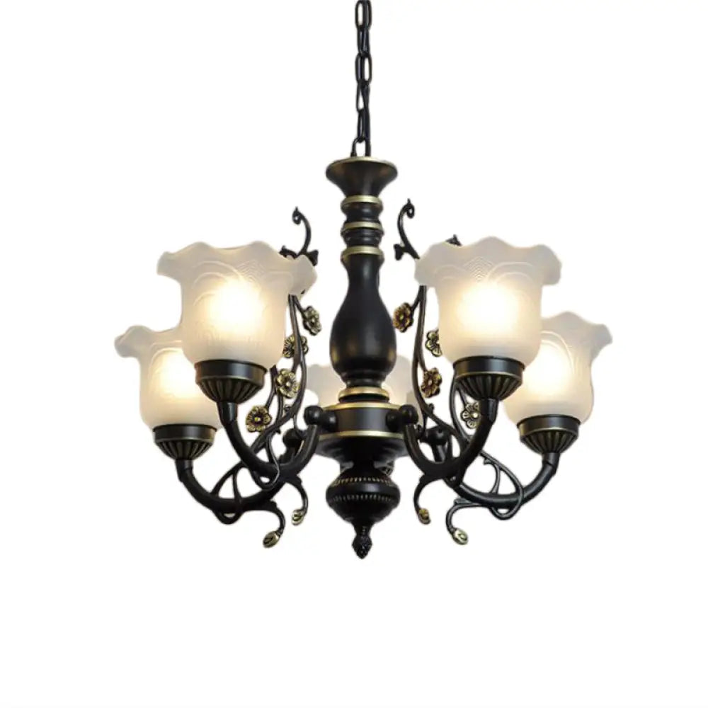 Frosted Textured Glass Hanging Chandelier - Traditional Flared Pendant Light In Black/White (3/5/6