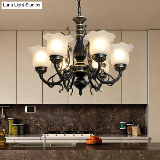 Frosted Textured Glass Hanging Chandelier - Traditional Flared Pendant Light In Black/White (3/5/6