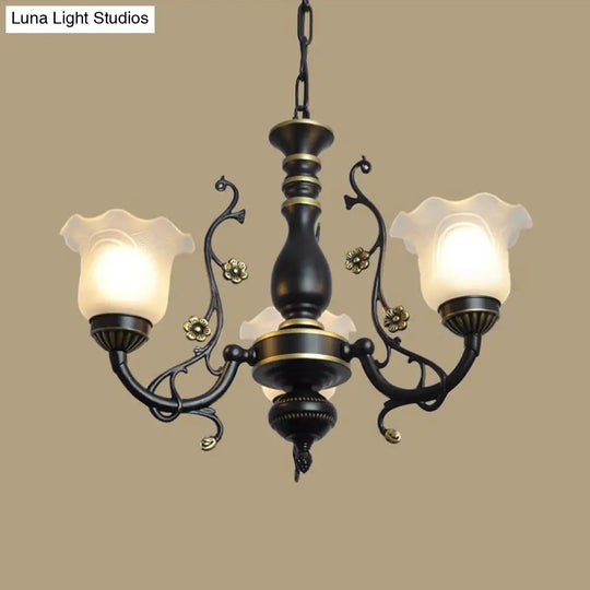 Frosted Textured Glass Hanging Chandelier - Traditional Flared Pendant Light In Black/White (3/5/6