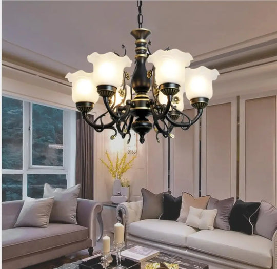 Frosted Textured Glass Hanging Chandelier - Traditional Flared Pendant Light In Black/White (3/5/6