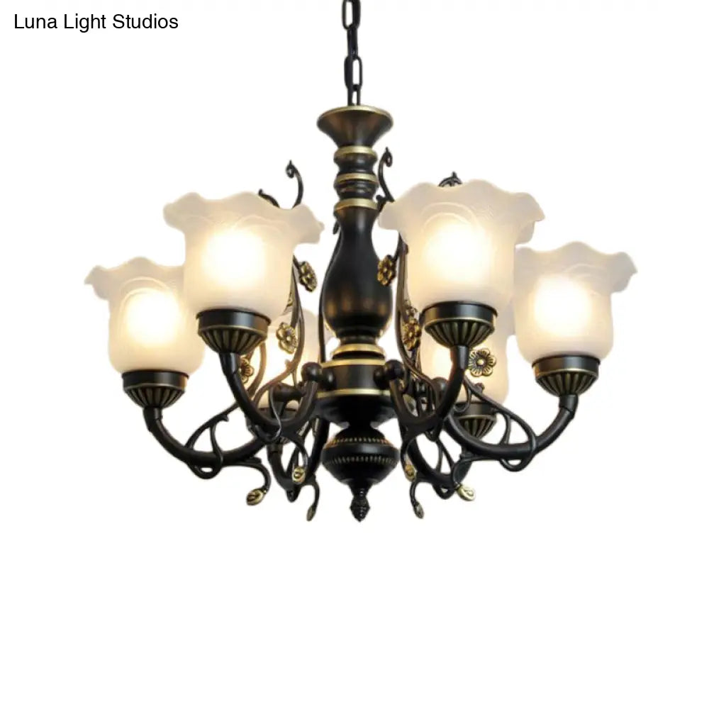 Frosted Textured Glass Hanging Chandelier - Traditional Flared Pendant Light In Black/White (3/5/6