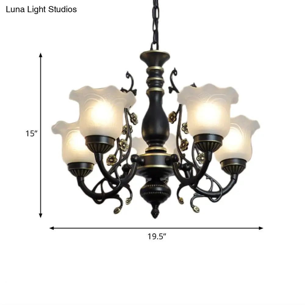 Frosted Textured Glass Hanging Chandelier - Traditional Flared Pendant Light In Black/White (3/5/6