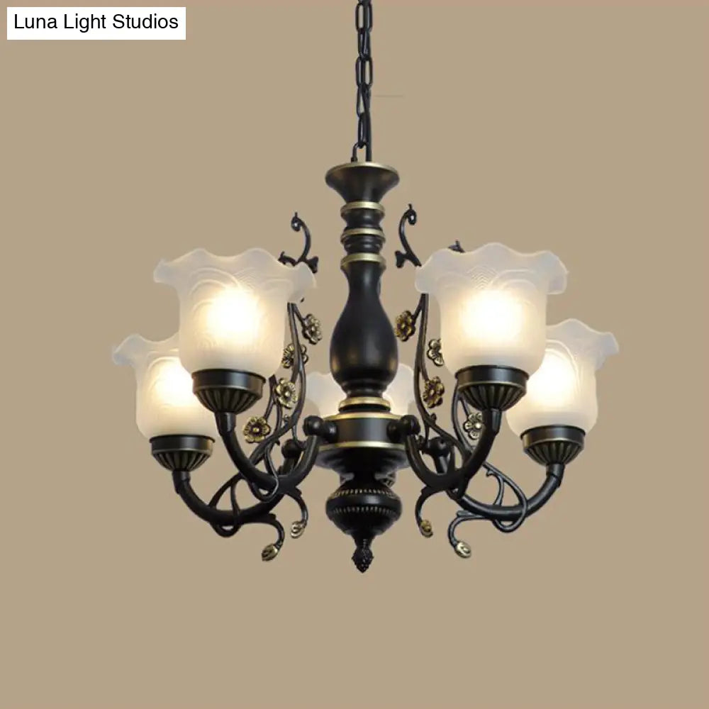 Frosted Textured Glass Hanging Chandelier - Traditional Flared Pendant Light In Black/White (3/5/6