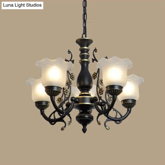 Frosted Textured Glass Hanging Chandelier - Traditional Flared Pendant Light In Black/White (3/5/6