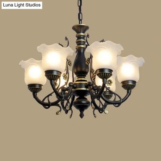 Frosted Textured Glass Hanging Chandelier - Traditional Flared Pendant Light In Black/White (3/5/6