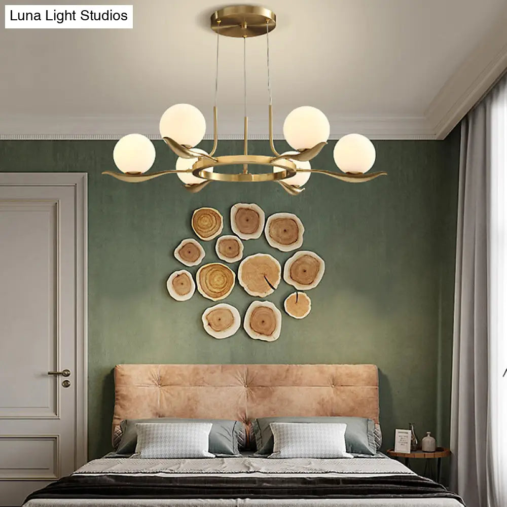 Frosted White Glass Ball Chandelier - Modern 6-Head Brass Pendant Light