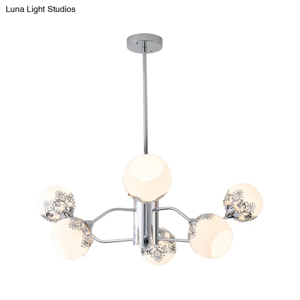 Frosted White Glass Ball Chandelier - Modern 6-Light Pendulum Lamp In Chrome With Flower Pattern