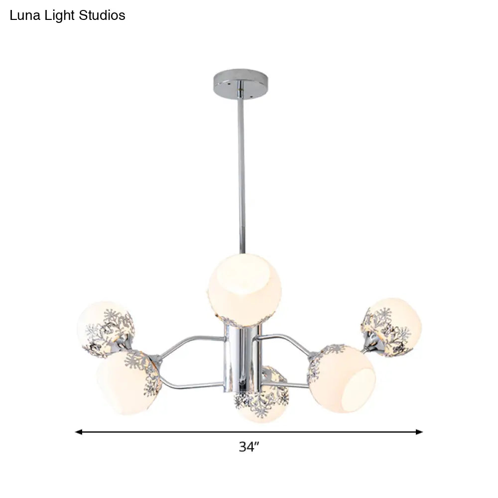 Frosted White Glass Ball Chandelier - Modern 6-Light Pendulum Lamp In Chrome With Flower Pattern