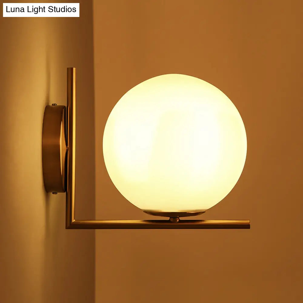 Frosted White Glass Ball Wall Light With Gold Arm - Minimalist 1 Head Lamp (Warm/White Light)