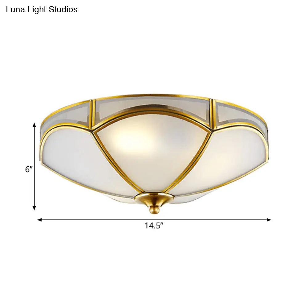 Frosted White Glass Brass Ceiling Flush Mount Lamp With 3 Scallop Heads - Perfect For Hallways