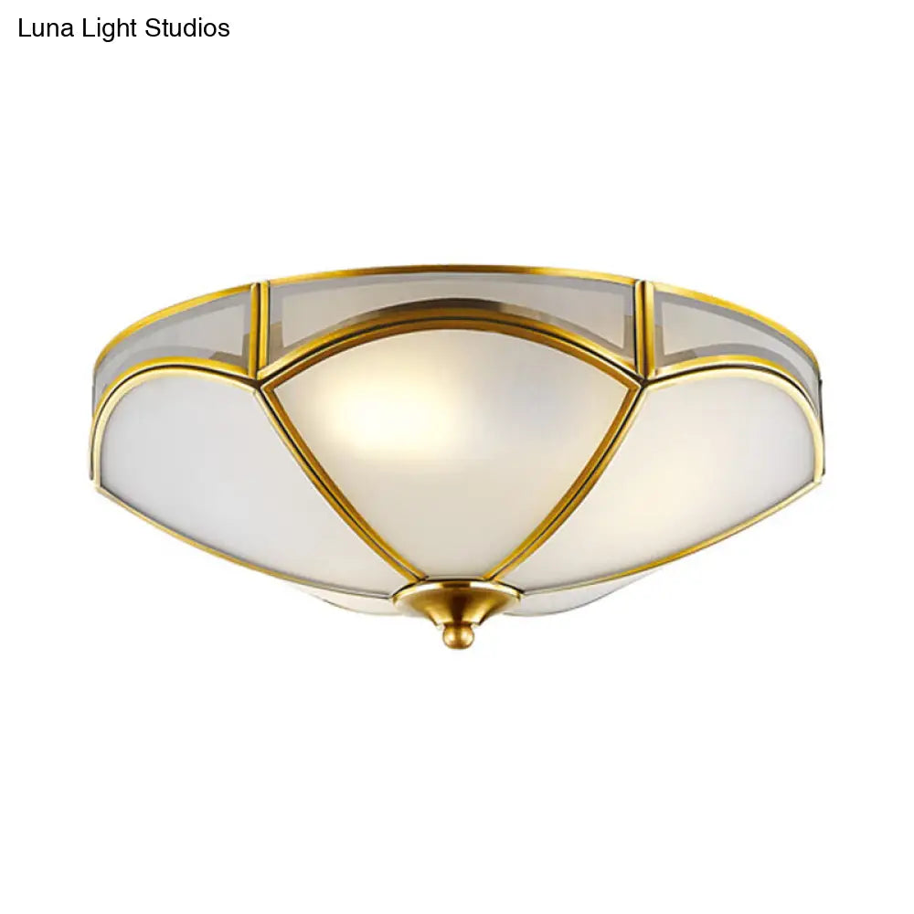 Frosted White Glass Brass Ceiling Flush Mount Lamp With 3 Scallop Heads - Perfect For Hallways