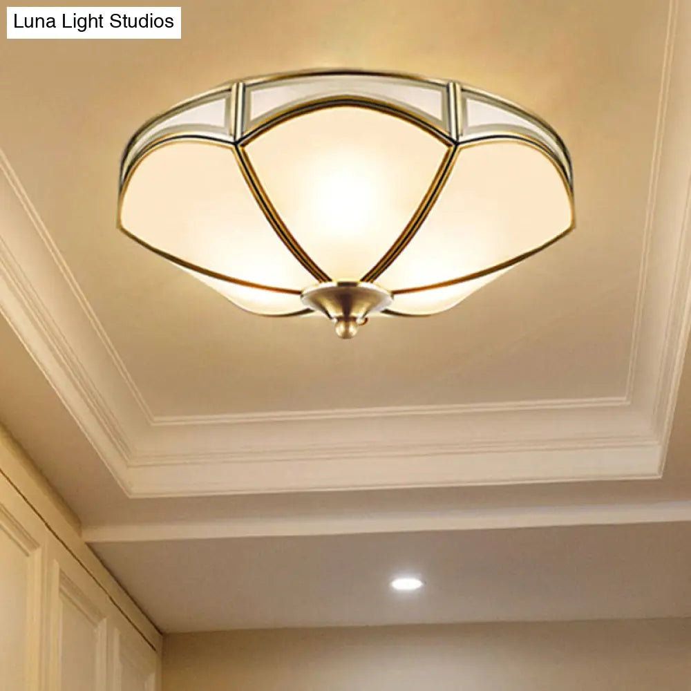 Frosted White Glass Brass Ceiling Flush Mount Lamp With 3 Scallop Heads - Perfect For Hallways