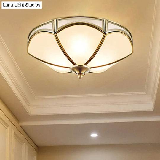 Frosted White Glass Brass Ceiling Flush Mount Lamp With 3 Scallop Heads - Perfect For Hallways